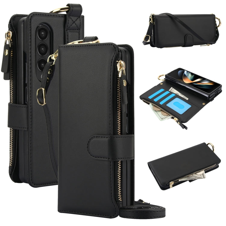 For Samsung Galaxy Z Fold4 Crossbody Ring Multifunctional Wallet Fold Leather Phone Case(Black) - Galaxy Z Fold4 5G Cases by buy2fix | Online Shopping UK | buy2fix