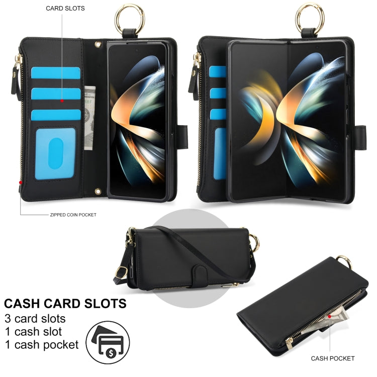 For Samsung Galaxy Z Fold4 Crossbody Ring Multifunctional Wallet Fold Leather Phone Case(Black) - Galaxy Z Fold4 5G Cases by buy2fix | Online Shopping UK | buy2fix