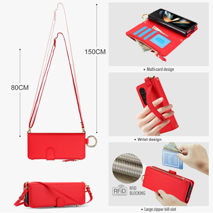 For Samsung Galaxy Z Fold4 Crossbody Ring Multifunctional Wallet Fold Leather Phone Case(Red) - Galaxy Z Fold4 5G Cases by buy2fix | Online Shopping UK | buy2fix
