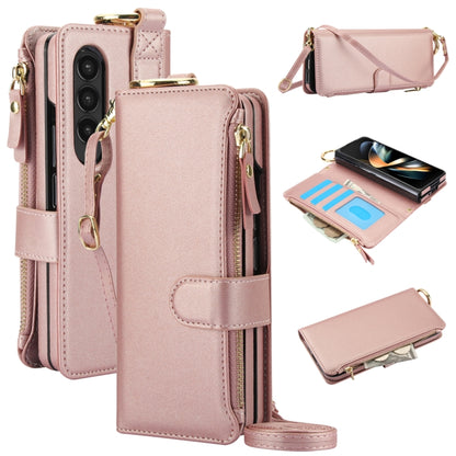 For Samsung Galaxy Z Fold4 Crossbody Ring Multifunctional Wallet Fold Leather Phone Case(Rose Gold) - Galaxy Z Fold4 5G Cases by buy2fix | Online Shopping UK | buy2fix