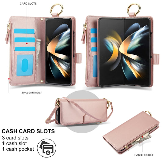 For Samsung Galaxy Z Fold4 Crossbody Ring Multifunctional Wallet Fold Leather Phone Case(Rose Gold) - Galaxy Z Fold4 5G Cases by buy2fix | Online Shopping UK | buy2fix