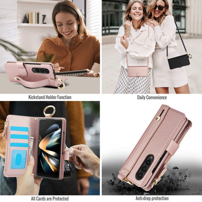 For Samsung Galaxy Z Fold4 Crossbody Ring Multifunctional Wallet Fold Leather Phone Case(Rose Gold) - Galaxy Z Fold4 5G Cases by buy2fix | Online Shopping UK | buy2fix