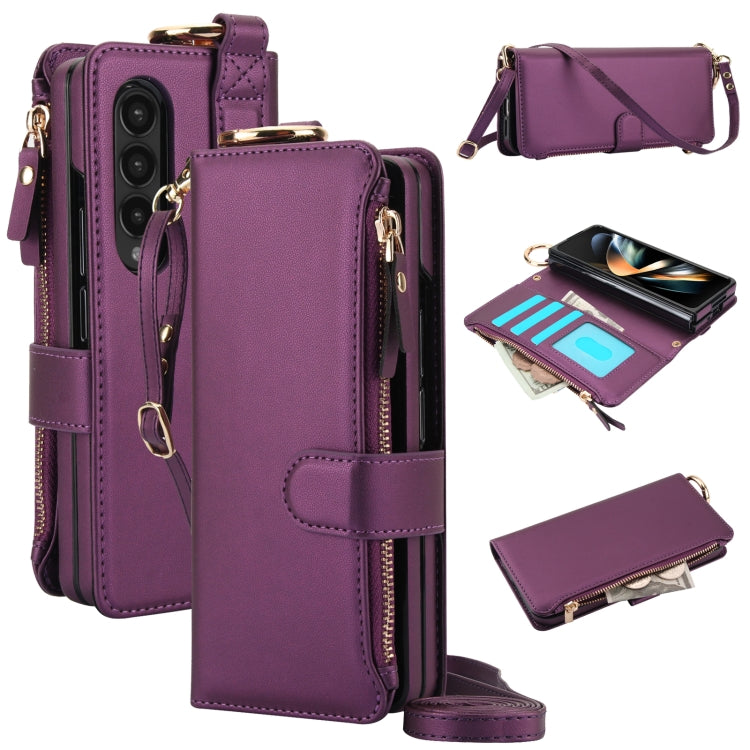 For Samsung Galaxy Z Fold4 Crossbody Ring Multifunctional Wallet Fold Leather Phone Case(Dark Purple) - Galaxy Z Fold4 5G Cases by buy2fix | Online Shopping UK | buy2fix