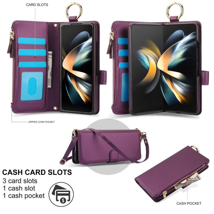 For Samsung Galaxy Z Fold4 Crossbody Ring Multifunctional Wallet Fold Leather Phone Case(Dark Purple) - Galaxy Z Fold4 5G Cases by buy2fix | Online Shopping UK | buy2fix
