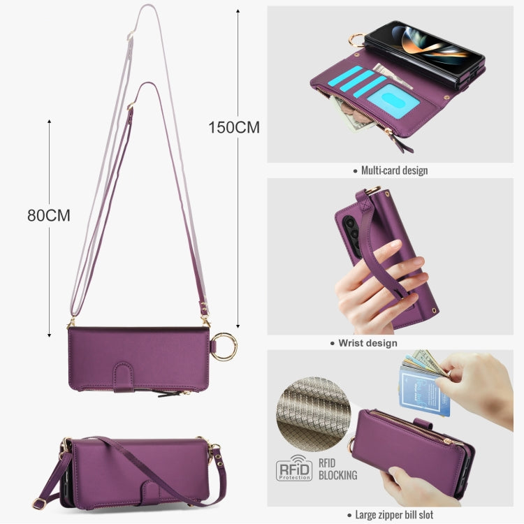 For Samsung Galaxy Z Fold4 Crossbody Ring Multifunctional Wallet Fold Leather Phone Case(Dark Purple) - Galaxy Z Fold4 5G Cases by buy2fix | Online Shopping UK | buy2fix