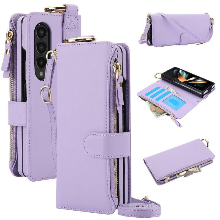 For Samsung Galaxy Z Fold4 Crossbody Ring Multifunctional Wallet Fold Leather Phone Case(Purple) - Galaxy Z Fold4 5G Cases by buy2fix | Online Shopping UK | buy2fix
