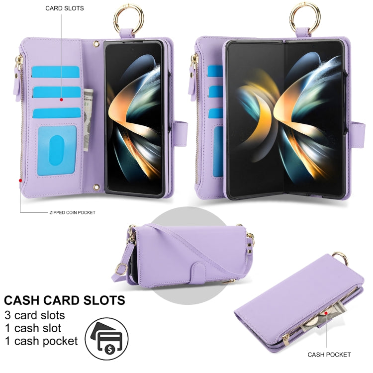 For Samsung Galaxy Z Fold4 Crossbody Ring Multifunctional Wallet Fold Leather Phone Case(Purple) - Galaxy Z Fold4 5G Cases by buy2fix | Online Shopping UK | buy2fix