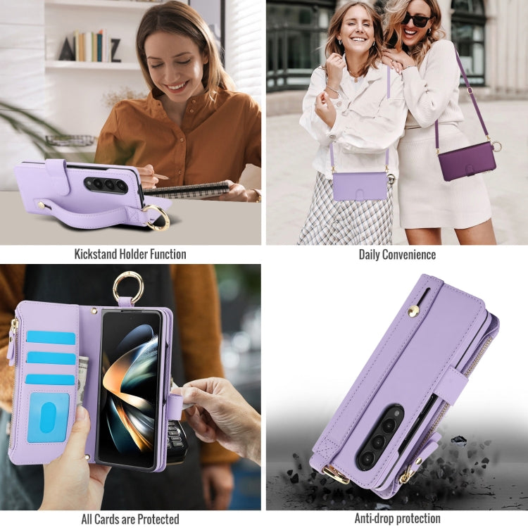 For Samsung Galaxy Z Fold4 Crossbody Ring Multifunctional Wallet Fold Leather Phone Case(Purple) - Galaxy Z Fold4 5G Cases by buy2fix | Online Shopping UK | buy2fix