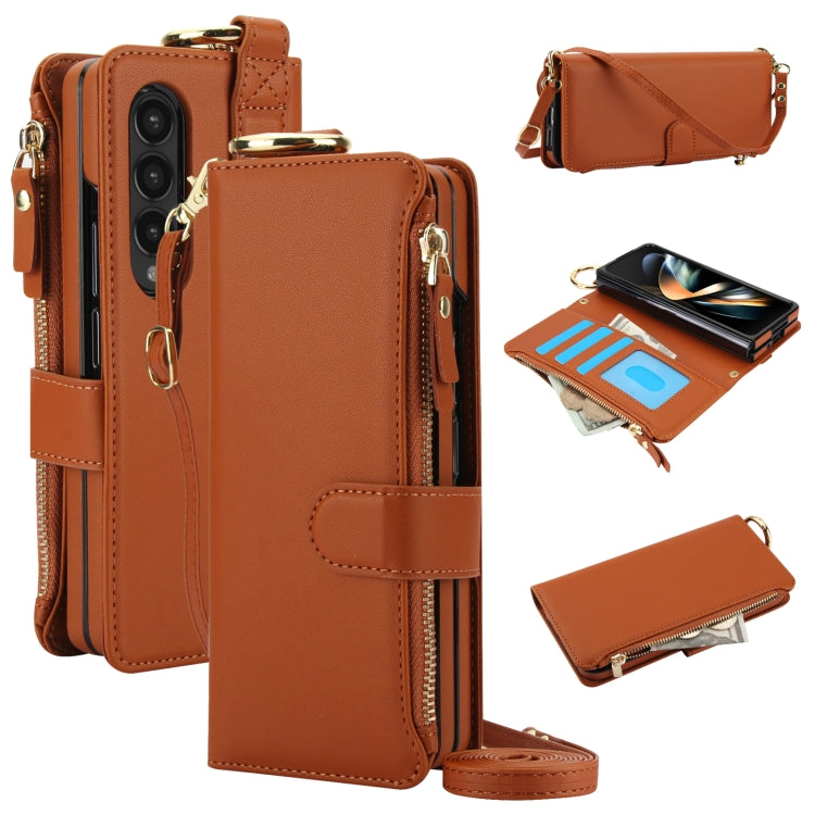 For Samsung Galaxy Z Fold4 Crossbody Ring Multifunctional Wallet Fold Leather Phone Case(Brown) - Galaxy Z Fold4 5G Cases by buy2fix | Online Shopping UK | buy2fix