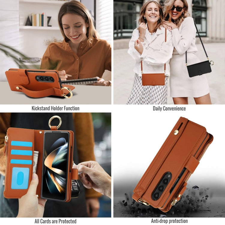 For Samsung Galaxy Z Fold4 Crossbody Ring Multifunctional Wallet Fold Leather Phone Case(Brown) - Galaxy Z Fold4 5G Cases by buy2fix | Online Shopping UK | buy2fix