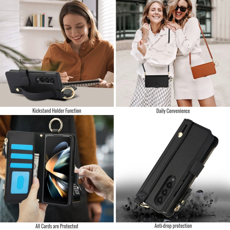 For Samsung Galaxy Z Fold3 5G Crossbody Ring Multifunctional Wallet Fold Leather Phone Case(Black) - Galaxy Phone Cases by buy2fix | Online Shopping UK | buy2fix