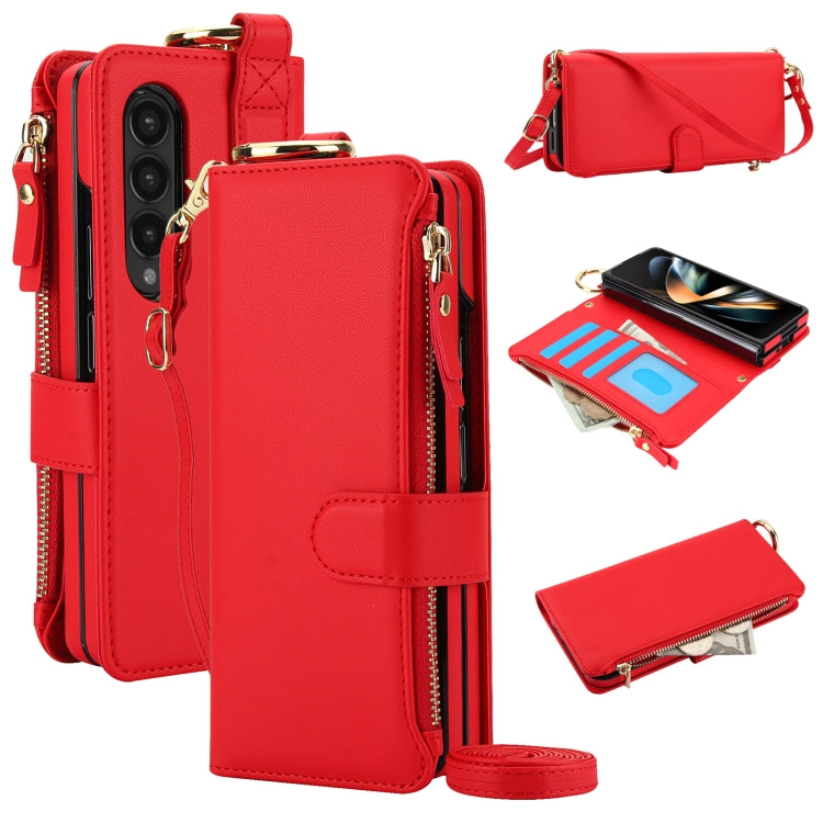 For Samsung Galaxy Z Fold3 5G Crossbody Ring Multifunctional Wallet Fold Leather Phone Case(Red) - Galaxy Phone Cases by buy2fix | Online Shopping UK | buy2fix