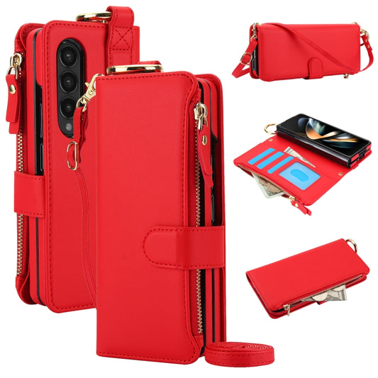 For Samsung Galaxy Z Fold3 5G Crossbody Ring Multifunctional Wallet Fold Leather Phone Case(Red) - Galaxy Phone Cases by buy2fix | Online Shopping UK | buy2fix