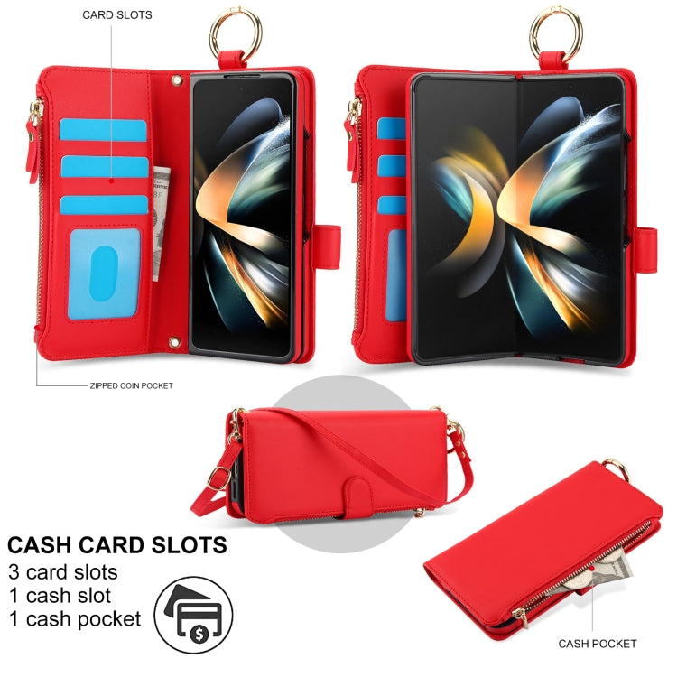 For Samsung Galaxy Z Fold3 5G Crossbody Ring Multifunctional Wallet Fold Leather Phone Case(Red) - Galaxy Phone Cases by buy2fix | Online Shopping UK | buy2fix