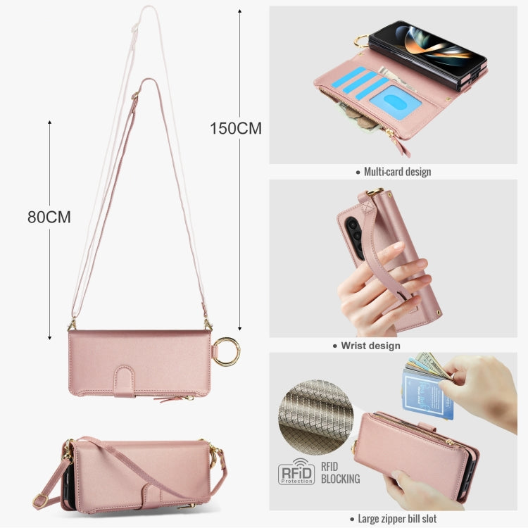 For Samsung Galaxy Z Fold3 5G Crossbody Ring Multifunctional Wallet Fold Leather Phone Case(Rose Gold) - Galaxy Phone Cases by buy2fix | Online Shopping UK | buy2fix