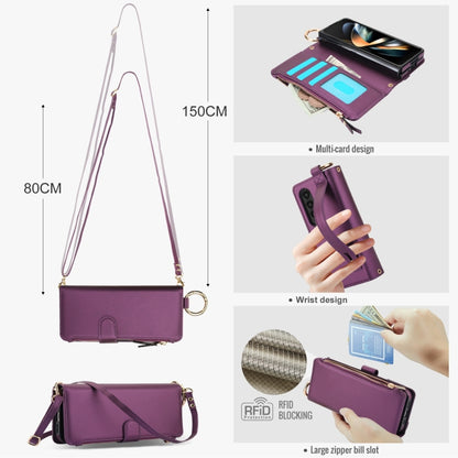 For Samsung Galaxy Z Fold3 5G Crossbody Ring Multifunctional Wallet Fold Leather Phone Case(Dark Purple) - Galaxy Phone Cases by buy2fix | Online Shopping UK | buy2fix