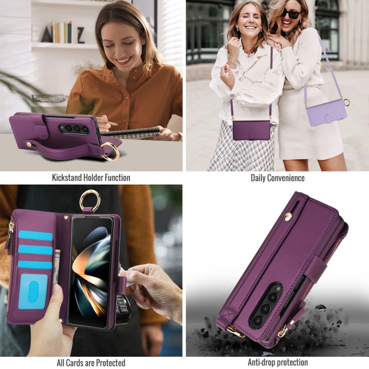 For Samsung Galaxy Z Fold3 5G Crossbody Ring Multifunctional Wallet Fold Leather Phone Case(Dark Purple) - Galaxy Phone Cases by buy2fix | Online Shopping UK | buy2fix