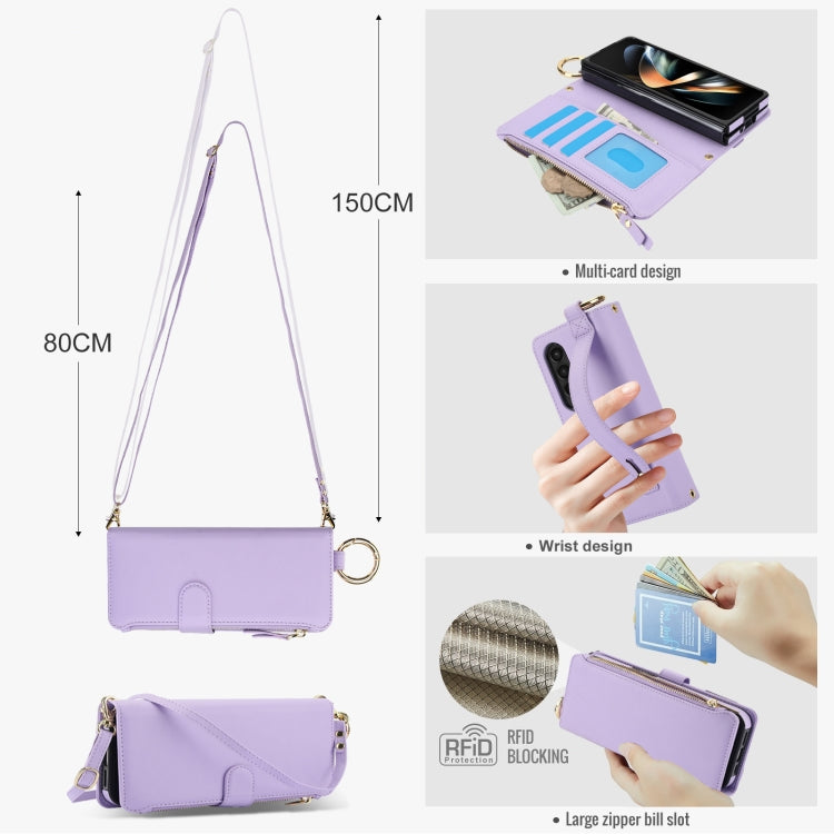 For Samsung Galaxy Z Fold3 5G Crossbody Ring Multifunctional Wallet Fold Leather Phone Case(Purple) - Galaxy Phone Cases by buy2fix | Online Shopping UK | buy2fix