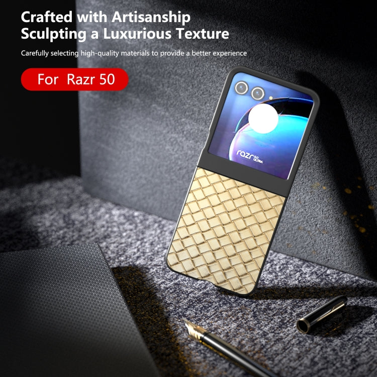 For Motorola Razr 50 Black Frame Woven Texture PU Phone Case(Gold) by buy2fix