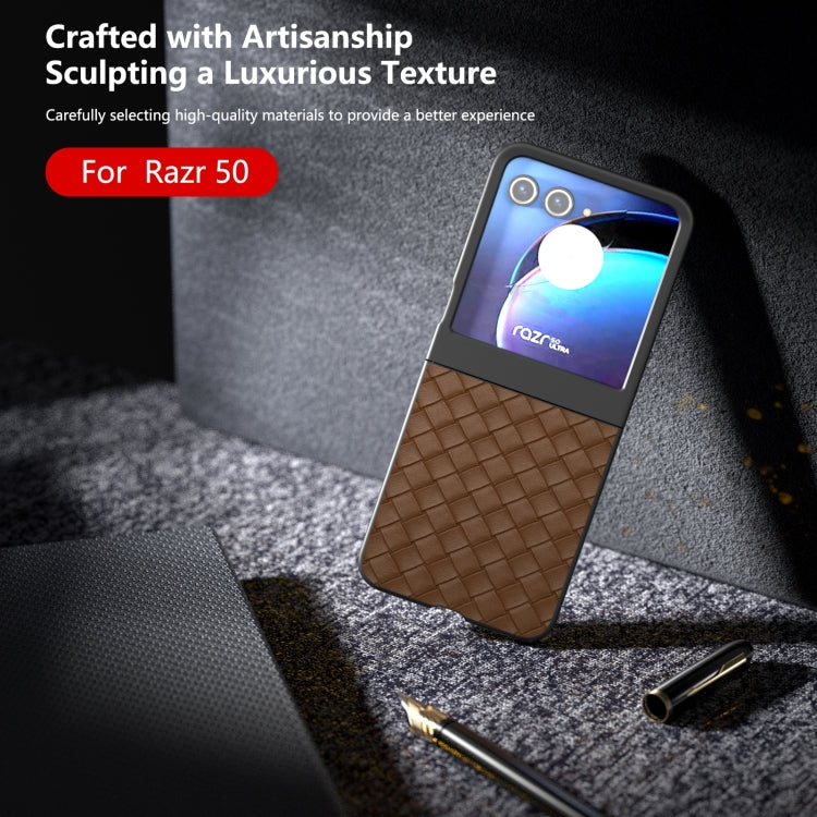 For Motorola Razr 50 Black Frame Woven Texture PU Phone Case(Brown) by buy2fix