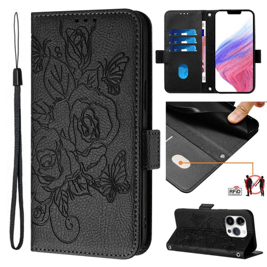 For iPhone 16 Pro Embossed Rose RFID Anti-theft Leather Phone Case(Black) by buy2fix