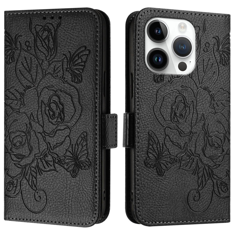 For iPhone 16 Pro Embossed Rose RFID Anti-theft Leather Phone Case(Black) by buy2fix