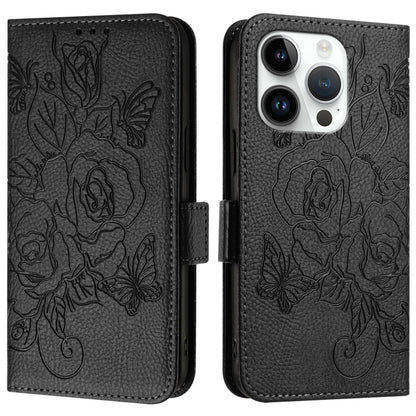 For iPhone 16 Pro Embossed Rose RFID Anti-theft Leather Phone Case(Black) by buy2fix