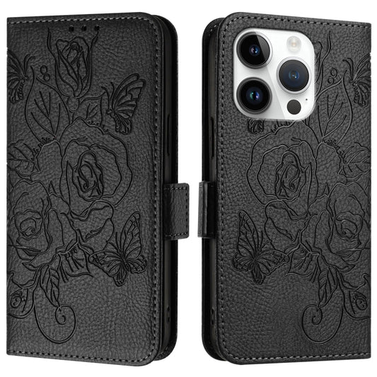 For iPhone 16 Pro Embossed Rose RFID Anti-theft Leather Phone Case(Black) by buy2fix