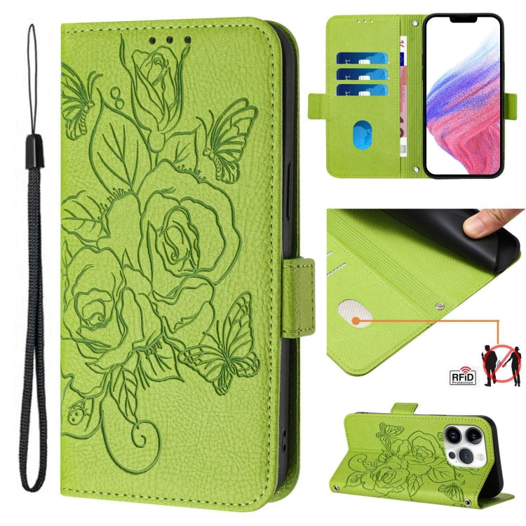 For iPhone 16 Pro Max Embossed Rose RFID Anti-theft Leather Phone Case(Green) by buy2fix