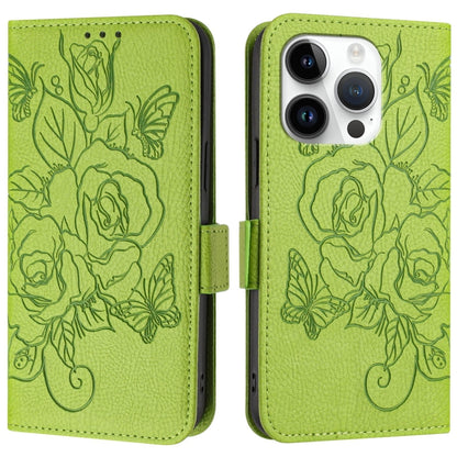 For iPhone 16 Pro Max Embossed Rose RFID Anti-theft Leather Phone Case(Green) by buy2fix