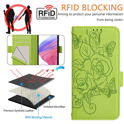 For iPhone 16 Pro Max Embossed Rose RFID Anti-theft Leather Phone Case(Green) by buy2fix