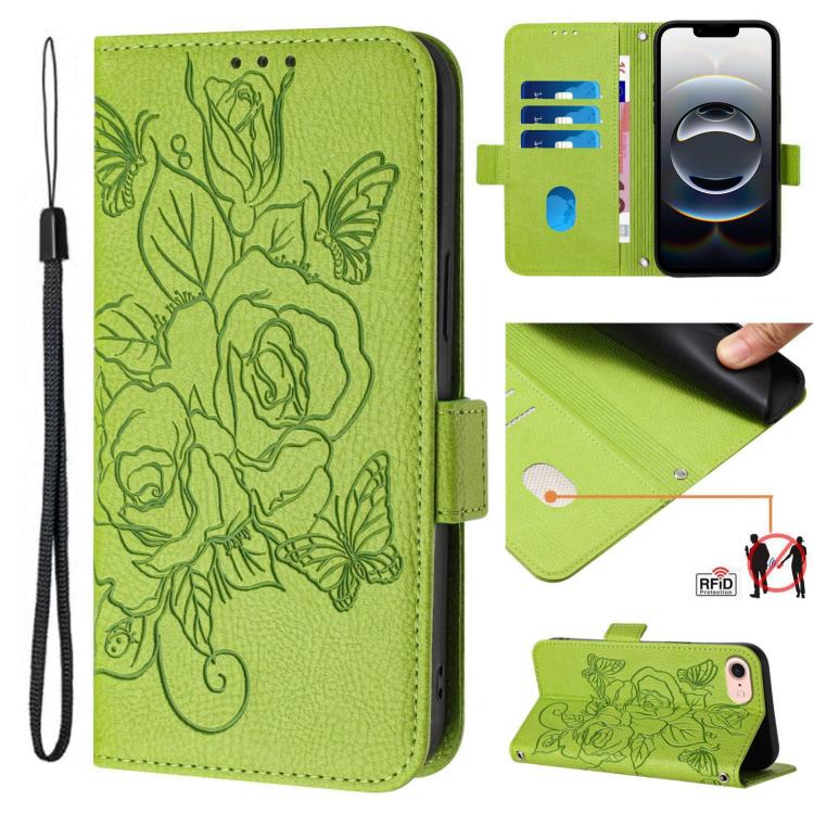 For iPhone SE 2024 Embossed Rose RFID Anti-theft Leather Phone Case(Green) by buy2fix