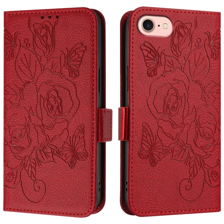 For iPhone SE 2024 Embossed Rose RFID Anti-theft Leather Phone Case(Red) by buy2fix