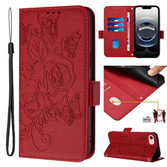 For iPhone SE 2024 Embossed Rose RFID Anti-theft Leather Phone Case(Red) by buy2fix