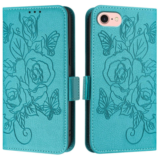 For iPhone SE 2024 Embossed Rose RFID Anti-theft Leather Phone Case(Light Blue) by buy2fix