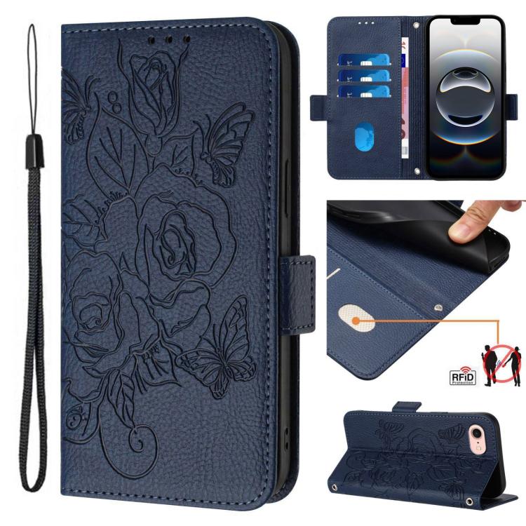 For iPhone SE 2024 Embossed Rose RFID Anti-theft Leather Phone Case(Dark Blue) by buy2fix