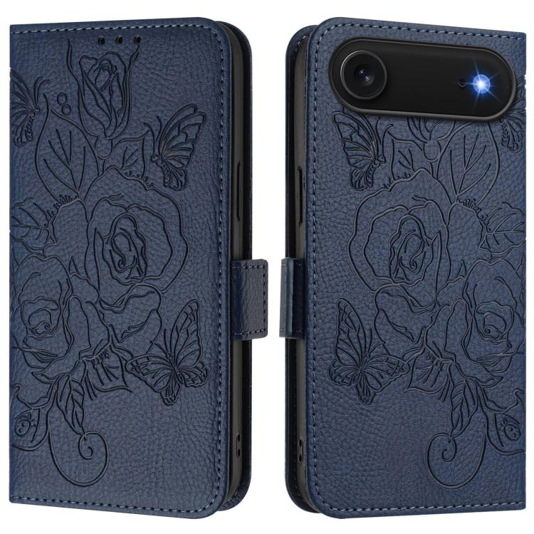 For iPhone Air Embossed Rose RFID Anti-theft Leather Phone Case(Dark Blue) - iPhone Air Cases by buy2fix | Online Shopping UK | buy2fix