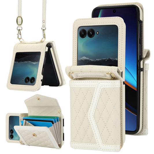 For Motorola Razr 40 Ultra Splicing Rhombic Texture Phone Case with Long & Short Lanyard(Beige) - Motorola Cases by buy2fix | Online Shopping UK | buy2fix