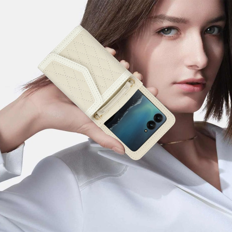 For Motorola Razr 40 Ultra Splicing Rhombic Texture Phone Case with Long & Short Lanyard(Beige) - Motorola Cases by buy2fix | Online Shopping UK | buy2fix