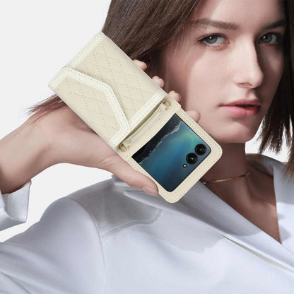 For Motorola Razr 40 Ultra Splicing Rhombic Texture Phone Case with Long & Short Lanyard(Beige) - Motorola Cases by buy2fix | Online Shopping UK | buy2fix
