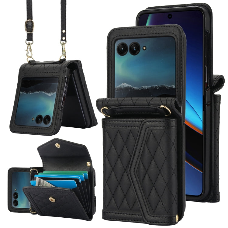 For Motorola Razr 40 Ultra Splicing Rhombic Texture Phone Case with Long & Short Lanyard(Black) - Motorola Cases by buy2fix | Online Shopping UK | buy2fix