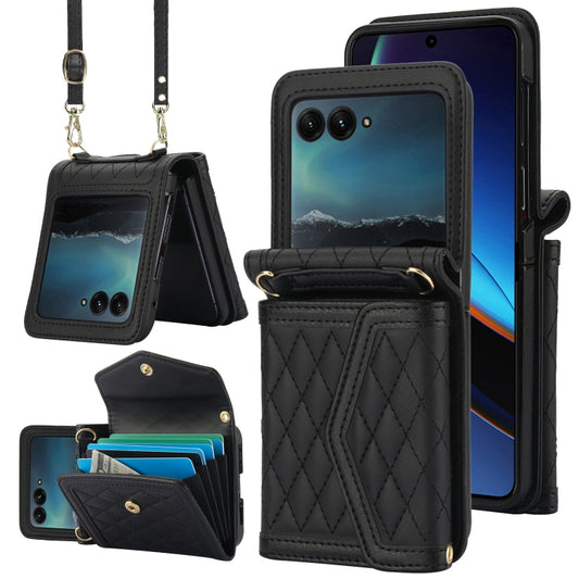 For Motorola Razr 40 Ultra Splicing Rhombic Texture Phone Case with Long & Short Lanyard(Black) - Motorola Cases by buy2fix | Online Shopping UK | buy2fix