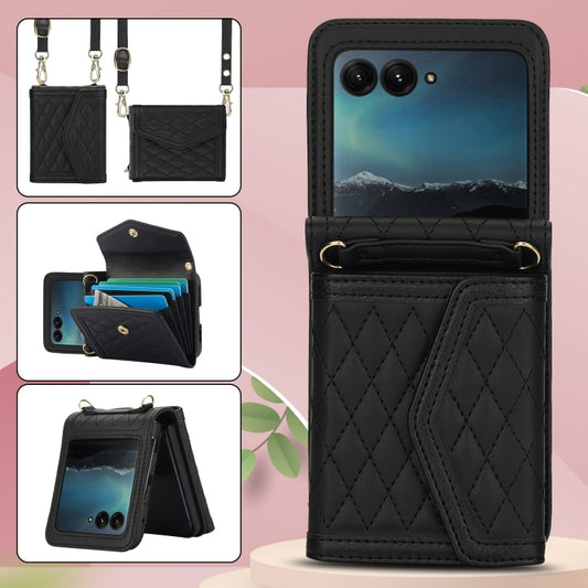 For Motorola Razr 40 Ultra Splicing Rhombic Texture Phone Case with Long & Short Lanyard(Black) - Motorola Cases by buy2fix | Online Shopping UK | buy2fix