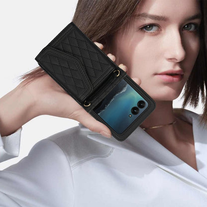 For Motorola Razr 40 Ultra Splicing Rhombic Texture Phone Case with Long & Short Lanyard(Black) - Motorola Cases by buy2fix | Online Shopping UK | buy2fix