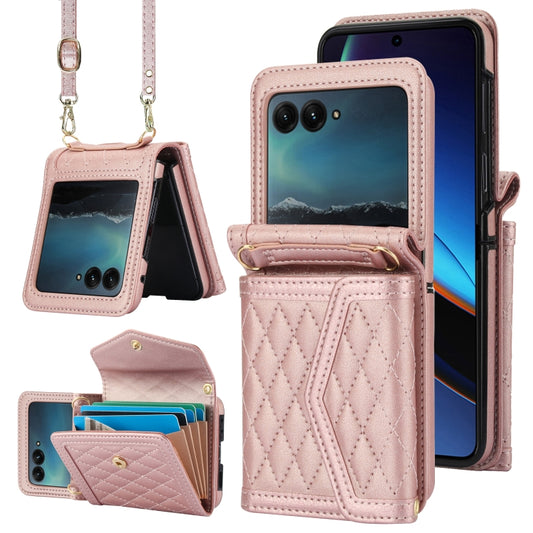 For Motorola Razr 40 Ultra Splicing Rhombic Texture Phone Case with Long & Short Lanyard(Rose Gold) - Motorola Cases by buy2fix | Online Shopping UK | buy2fix