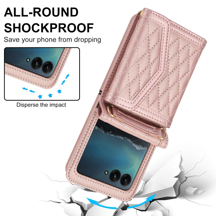 For Motorola Razr 40 Ultra Splicing Rhombic Texture Phone Case with Long & Short Lanyard(Rose Gold) - Motorola Cases by buy2fix | Online Shopping UK | buy2fix