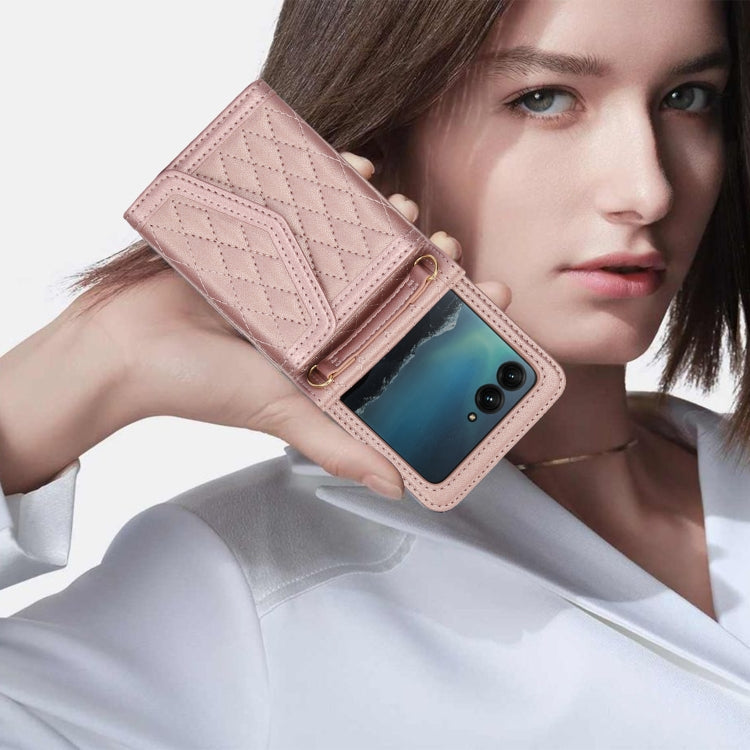 For Motorola Razr 40 Ultra Splicing Rhombic Texture Phone Case with Long & Short Lanyard(Rose Gold) - Motorola Cases by buy2fix | Online Shopping UK | buy2fix