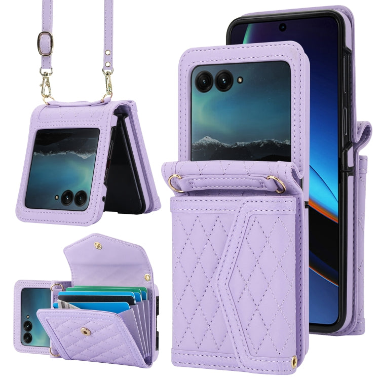 For Motorola Razr 40 Ultra Splicing Rhombic Texture Phone Case with Long & Short Lanyard(Purple) - Motorola Cases by buy2fix | Online Shopping UK | buy2fix