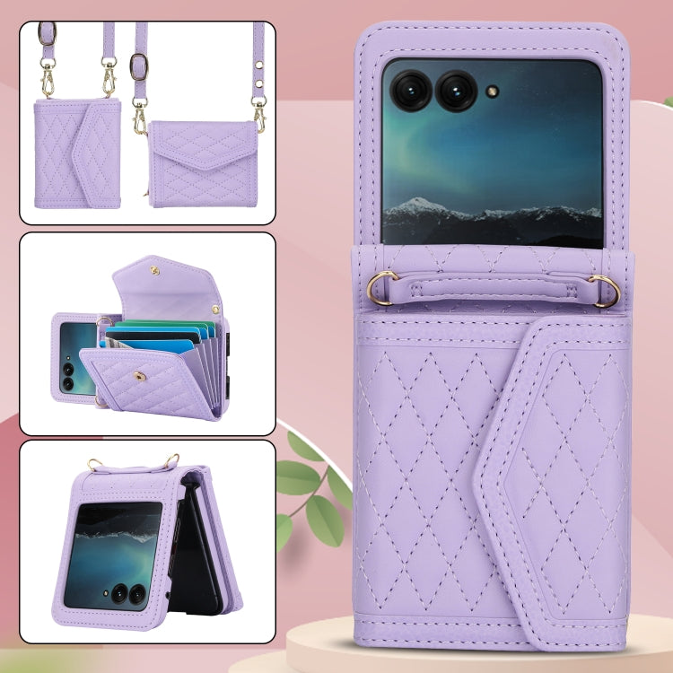 For Motorola Razr 40 Ultra Splicing Rhombic Texture Phone Case with Long & Short Lanyard(Purple) - Motorola Cases by buy2fix | Online Shopping UK | buy2fix