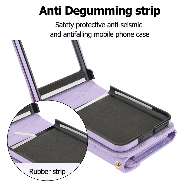 For Motorola Razr 40 Ultra Splicing Rhombic Texture Phone Case with Long & Short Lanyard(Purple) - Motorola Cases by buy2fix | Online Shopping UK | buy2fix